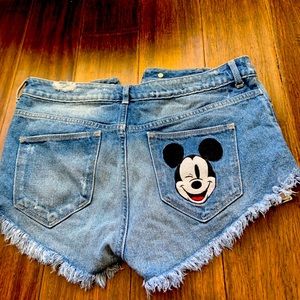 Denim high rise Mickey Mouse patch jean shorts